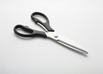 Razor Sharp AZ kitchen shears with black handles and stainless steel blades, featuring a serrated section on one blade.
