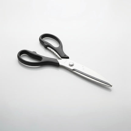 Razor Sharp AZ kitchen shears with black handles and stainless steel blades, featuring a serrated section on one blade.