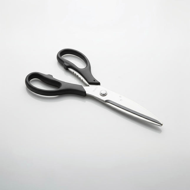 Razor Sharp AZ kitchen shears with black handles and stainless steel blades, featuring a serrated section on one blade.