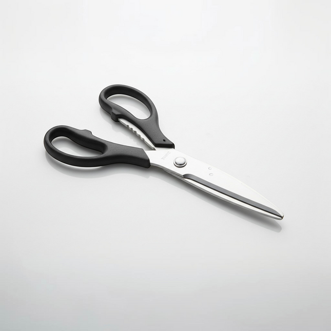 Razor Sharp AZ kitchen shears with black handles and stainless steel blades, featuring a serrated section on one blade.