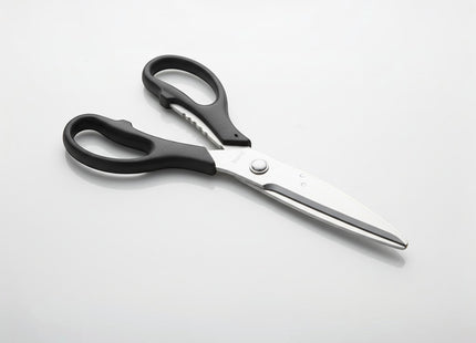 Razor Sharp AZ kitchen shears with black handles and stainless steel blades, ideal for precision cutting.