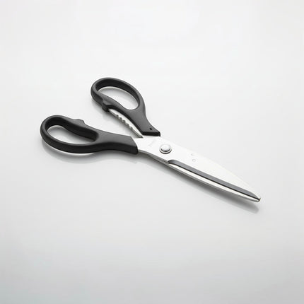 Razor Sharp AZ kitchen shears with black handles and stainless steel blades, ideal for precision cutting.