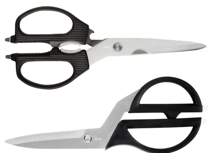 Razor Sharp AZ Kitchen Shears (set) with detachable blades, stainless steel, black handles. One pair has an offset design and bottle opener. The other has a bone notch and nutcracker.