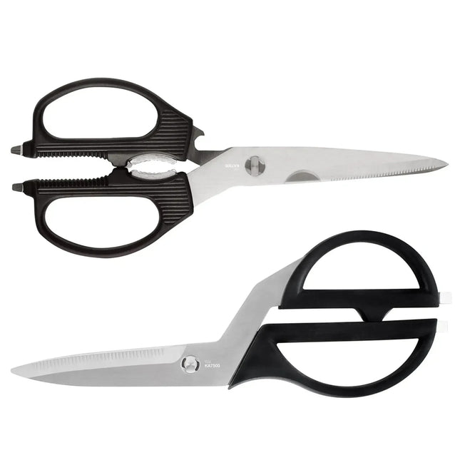 Razor Sharp AZ Kitchen Shears (set) with detachable blades, stainless steel, black handles. One pair has an offset design and bottle opener. The other has a bone notch and nutcracker.