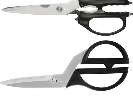 Razor Sharp AZ Kitchen Shears (set) with detachable blades, stainless steel, black handles. One pair is offset for knuckle clearance.