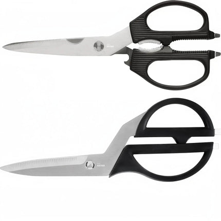 Razor Sharp AZ Kitchen Shears (set) with detachable blades, stainless steel, black handles. One pair is offset for knuckle clearance.