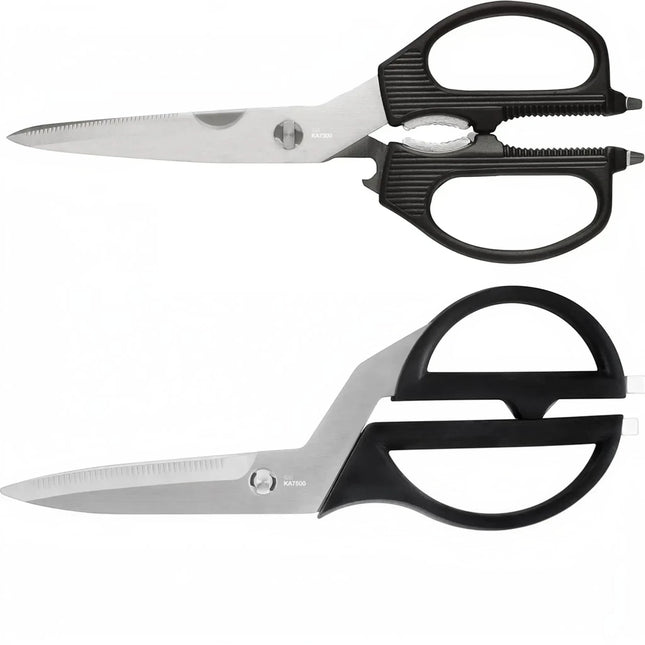 Razor Sharp AZ Kitchen Shears (set) with detachable blades, stainless steel, black handles. One pair is offset for knuckle clearance.