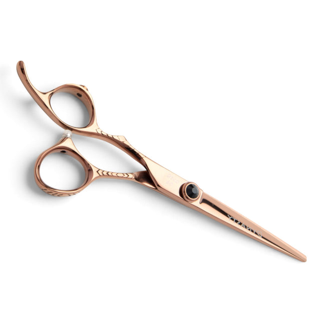 Razor Sharp AZ Lefty Dynasty Deco gold bronze titanium hair cutting shears with engraved chevrons and black crystal