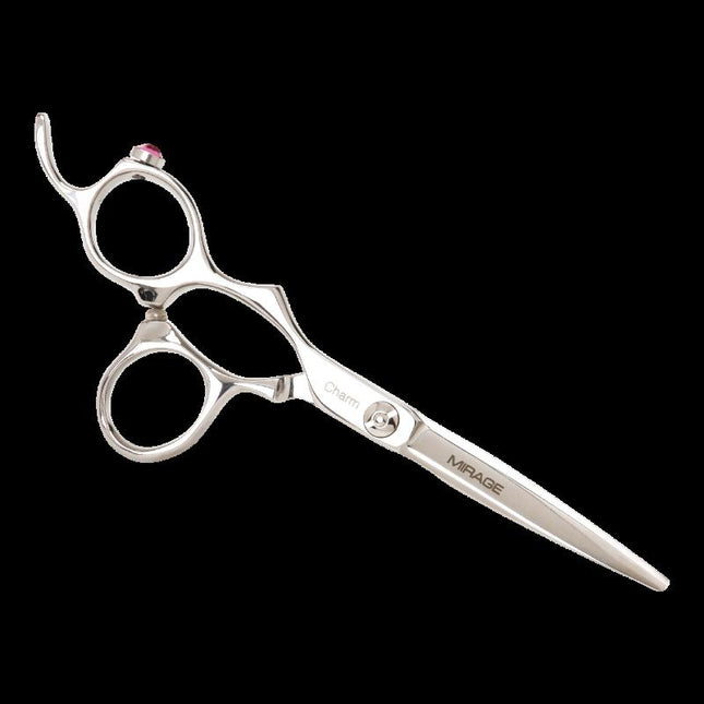 Razor Sharp AZ Lefty Mirage Charm, silver Japanese V-10 stainless steel hair shears with pink gem and offset handle.