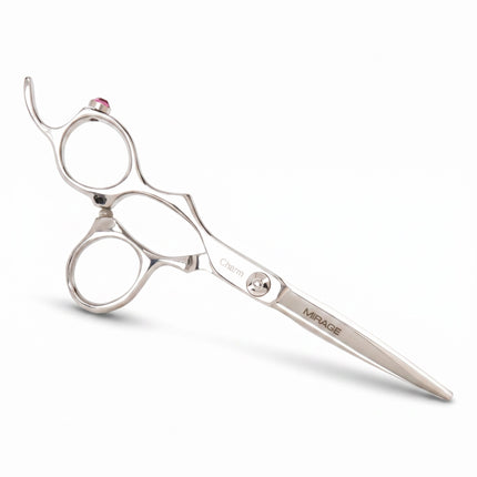 Razor Sharp AZ Mirage Charm left-handed hair cutting shears in silver stainless steel with a decorative pink charm.
