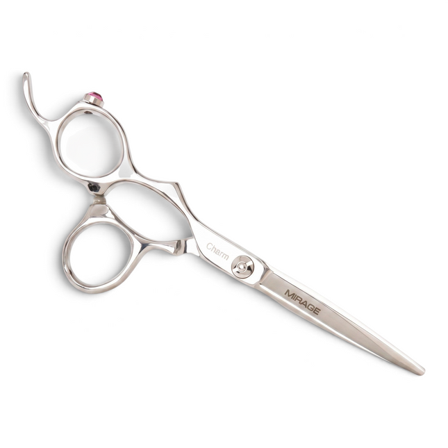 Razor Sharp AZ Mirage Charm left-handed hair cutting shears in silver stainless steel with a decorative pink charm.