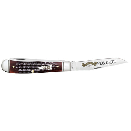 Razor Sharp AZ Case Trapper pocket knife with mahogany bone handle, corn cob jigging, and embellished steel blade.