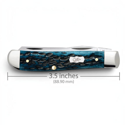 Razor Sharp AZ Case Mini Trapper knife with Mediterranean blue peach seed jigged bone handle and polished steel blades.