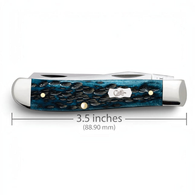 Razor Sharp AZ Case Mini Trapper knife with Mediterranean blue peach seed jigged bone handle and polished steel blades.