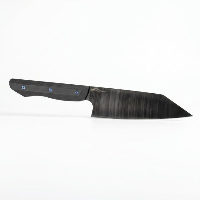 Razor Sharp AZ 6.5-inch Meglio Knives Kiritsuke with black DLC coated MagnaCut steel blade and textured G10 handle.