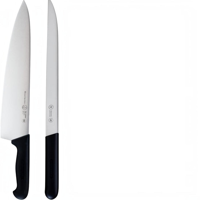 Razor Sharp AZ Messermeister Pro Series 12-inch tall blade chef knife and slicing knife with black ergonomic handles.