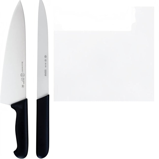 Razor Sharp AZ Messermeister Pro Series 10-inch tall chef's knife with stainless steel blade and black ergonomic handle