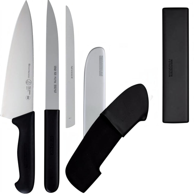 Razor Sharp AZ Messermeister Pro Series 8-inch tall chef's knife with a German stainless steel blade and black handle.