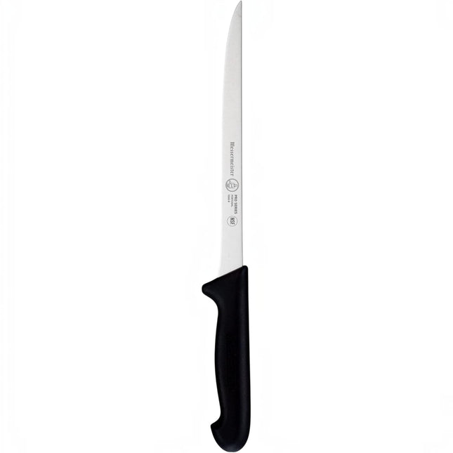 Razor Sharp AZ Messermeister Pro Series 8-inch flexible fillet knife with a stainless steel blade and black handle.