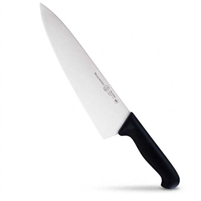 Razor Sharp AZ Messermeister Pro Series 10-inch tall chef's knife with a stainless steel blade and black ergonomic handle