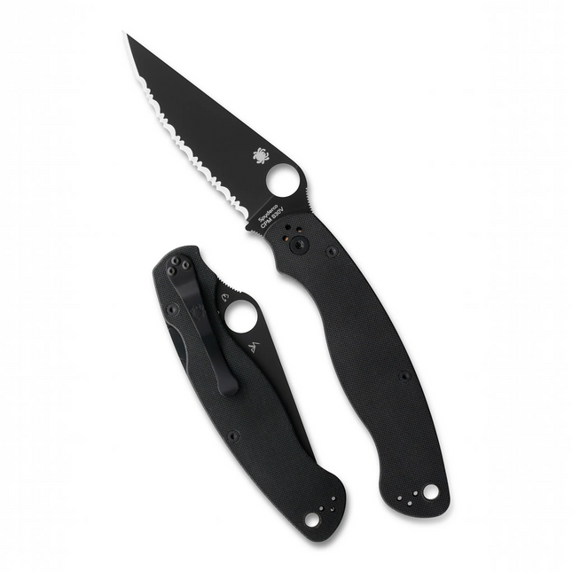 Razor Sharp AZ Spyderco Military 2 folding knife with black G-10 handle, black CPM S30V blade, and SpyderEdge serration