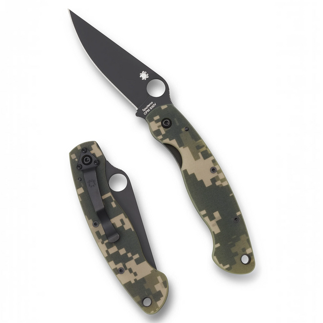 Razor Sharp AZ Military 2 folding knife with camo G-10 handle and black DLC coated CPM S30V blade