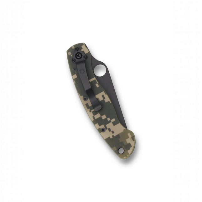 Razor Sharp AZ Military 2 folding knife with camo G-10 handle, black DLC blade, and black pocket clip.