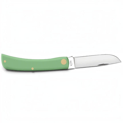 Razor Sharp AZ Case Sod Buster Jr. folding knife with a mint green synthetic handle and mirror-polished steel blade.