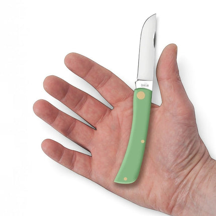 Razor Sharp AZ Case Sod Buster Jr. folding knife with a mint green synthetic handle held in a palm.