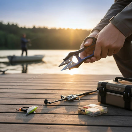 Razor Sharp AZ N5125 thread snips with blue elastomer grip, used for fishing line trimming on a wooden dock.