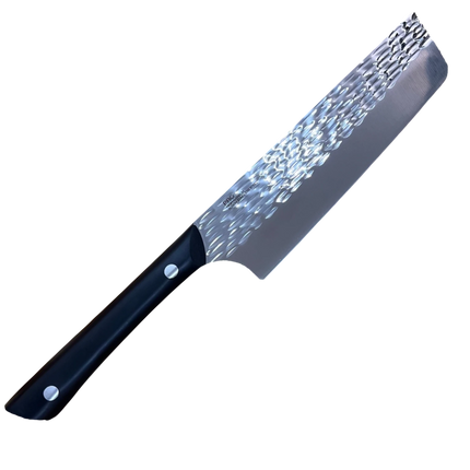 Razor Sharp AZ Kai Pro 6" Nakiri knife with hammered stainless steel blade and black POM handle.