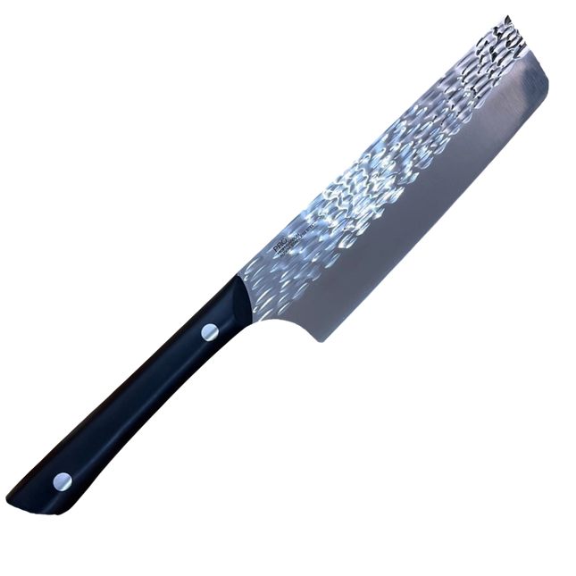 Razor Sharp AZ Kai Pro 6" Nakiri knife with hammered stainless steel blade and black POM handle.