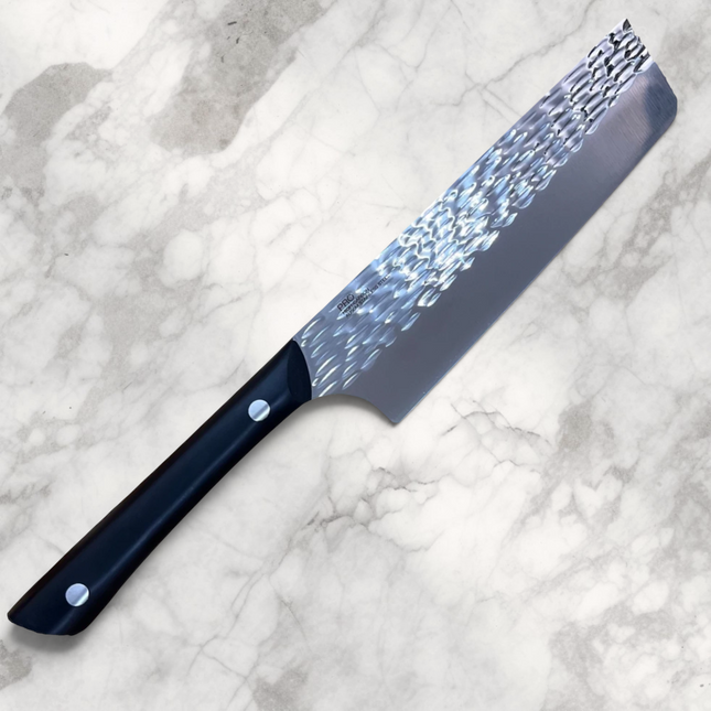 Razor Sharp AZ Kai Pro 6" Nakiri knife with hammered stainless steel blade and black POM handle.