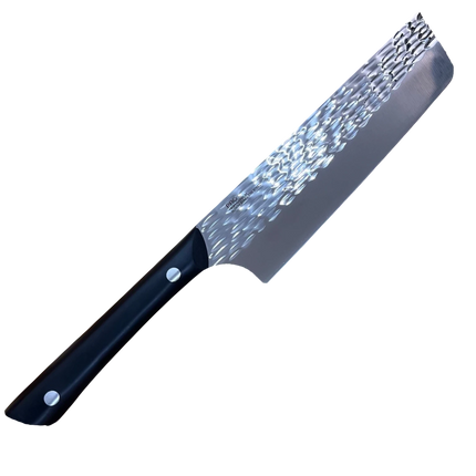 Razor Sharp AZ Kai Pro 6" Nakiri knife with hammered stainless steel blade and black POM handle.