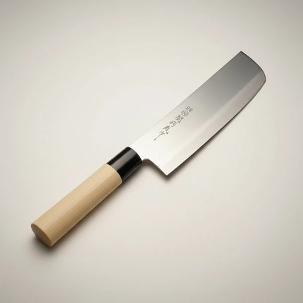 Razor Sharp AZ Due Cigni Nakiri knife with a maple wood handle and black bolster. Stainless steel blade.