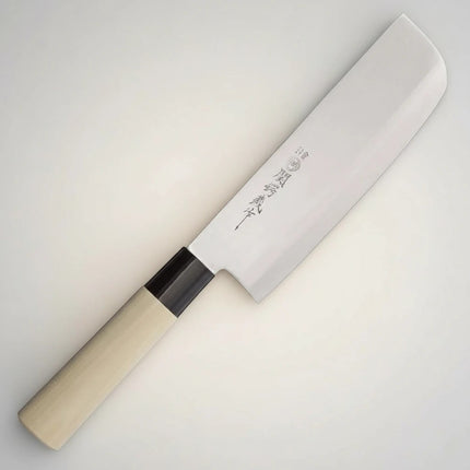 Razor Sharp AZ Due Cigni Nakiri knife with a white blade and a light wood handle with black accent.