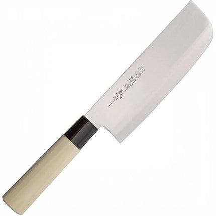Razor Sharp AZ Due Cigni Nakiri knife with a light maple wood handle and black bolster. Stainless steel blade.