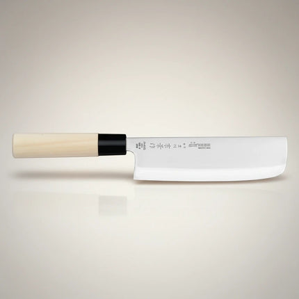 Razor Sharp AZ Due Cigni Nakiri knife with a light maple wood handle and black bolster. White steel blade.