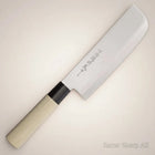 Razor Sharp AZ Due Cigni Nakiri knife with a white blade and a light wood handle. Features Japanese text on the blade.