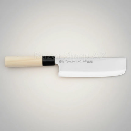 Razor Sharp AZ Nakiri knife with a light wood handle and black bolster. Features a wide, flat blade.