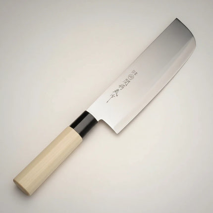 Razor Sharp AZ Due Cigni Nakiri knife with a maple wood handle and black bolster. Stainless steel blade.