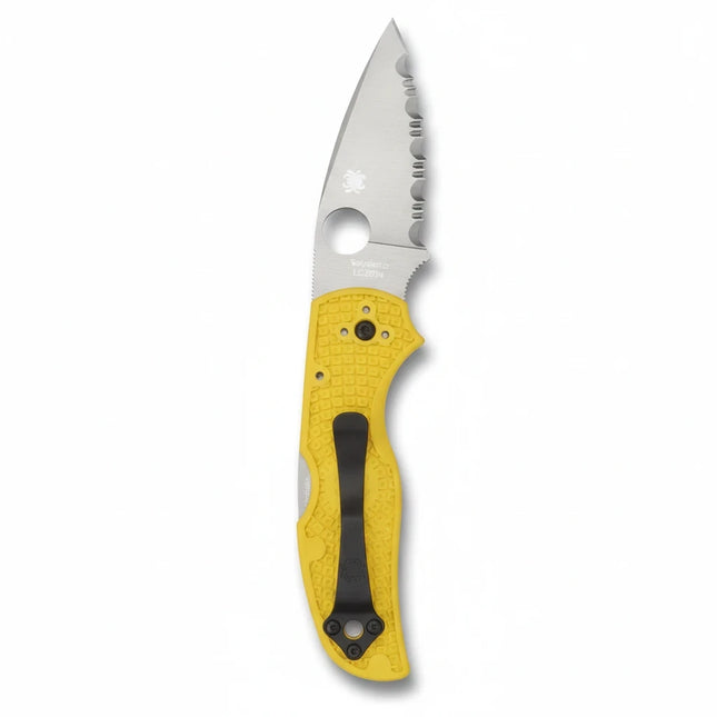 Razor Sharp AZ Native 5 Salt folding knife with a yellow FRN handle and a serrated CPM MagnaCut steel blade.