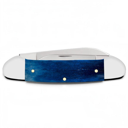 Razor Sharp AZ Case RAM Embellished Canoe pocket knife with a smooth navy blue bone handle and polished steel blades.