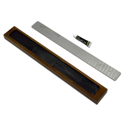 Razor Sharp AZ oak wood magnetic knife block with metal mounting plate and adhesive glue for kitchen wall storage.