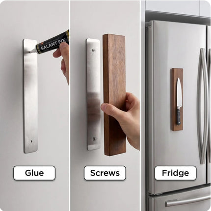 Razor Sharp AZ oak wood magnetic knife block showing installation methods on a wall and a refrigerator surface.