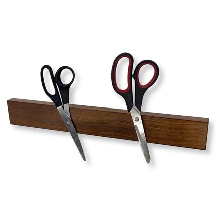 Razor Sharp AZ wall-mounted oak wood magnetic knife and tool holder holding two pairs of scissors