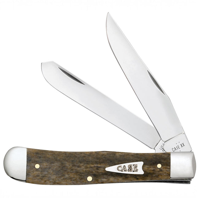 Razor Sharp AZ Case Smooth Olive Bone Trapper folding knife with two mirror-polished stainless steel blades