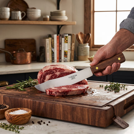 Razor Sharp AZ Ontario cabbage knife with hardwood handle slicing a raw steak on a wooden cutting board in a kitchen.