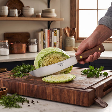 Razor Sharp AZ Ontario cabbage knife with a 6-inch carbon steel blade and hardwood handle slicing a fresh cabbage