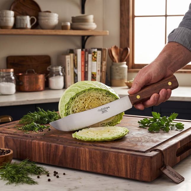 Razor Sharp AZ Ontario cabbage knife with a 6-inch carbon steel blade and hardwood handle slicing a fresh cabbage